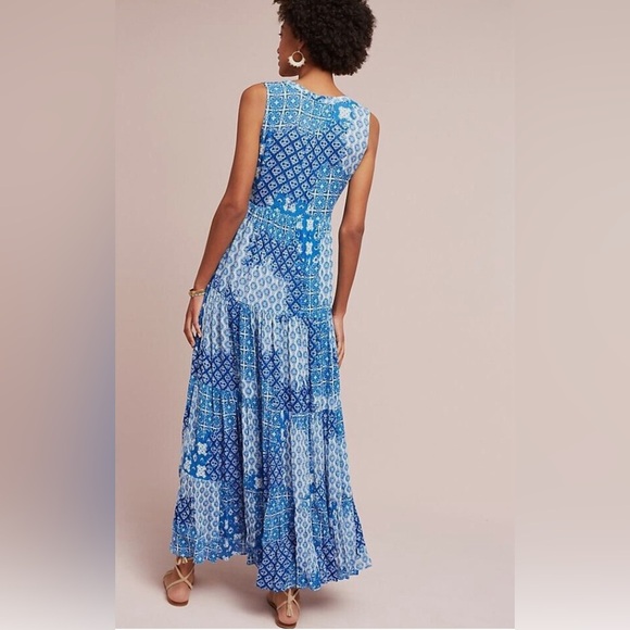 Anthropologie Raga blue white Cloud Nine boho prairie cottage Greek maxi dress - Picture 4 of 10